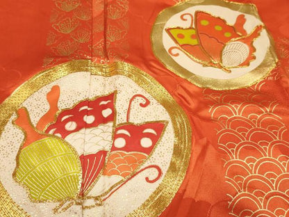 平和屋着物∵女の子 十三参り 子供 祝着・袋帯セット 駒刺繍 舞蝶丸文 金彩 逸品 DAAS9087ma