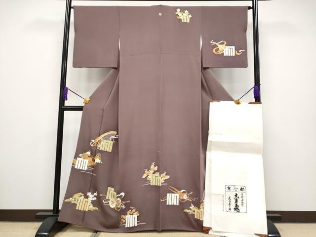 平和屋本店■極上　銀座　志ま亀　訪問着　源氏香散らし　金彩　煤竹色地　たとう紙付き　逸品　CYAA2304s5