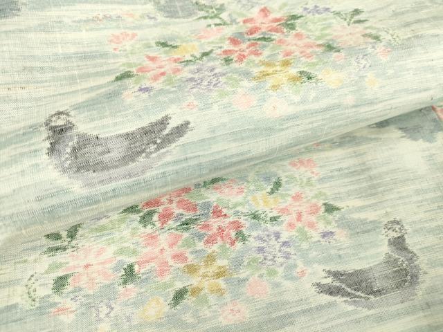 平和屋着物▽小千谷紬 単衣 花鳥文 正絹 逸品 DAAT9681az