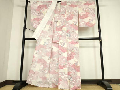 平和屋着物▽上質な小紋 単衣 雲取扇面花文 金銀彩 正絹 逸品 未使用 DAAT9679az