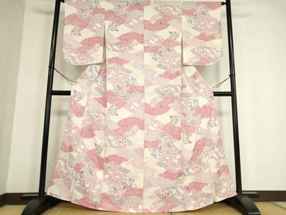 平和屋着物▽上質な小紋 単衣 雲取扇面花文 金銀彩 正絹 逸品 未使用 DAAT9679az