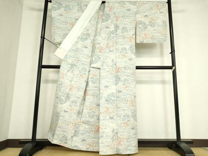 平和屋着物▽小千谷紬 単衣 花鳥文 正絹 逸品 DAAT9681az