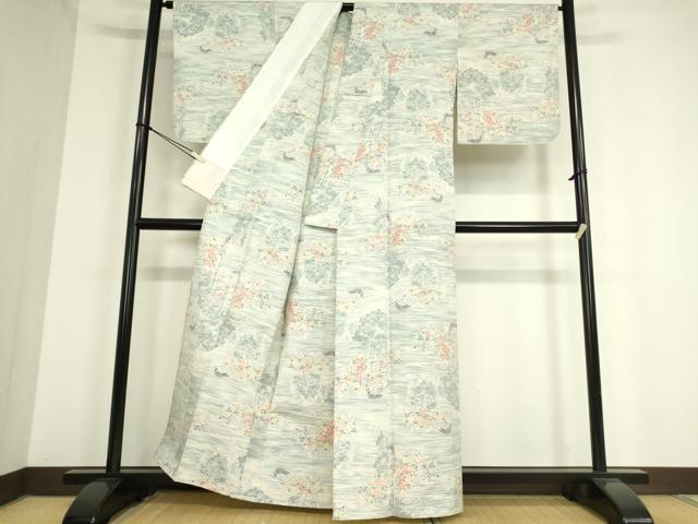 平和屋着物▽小千谷紬 単衣 花鳥文 正絹 逸品 DAAT9681az