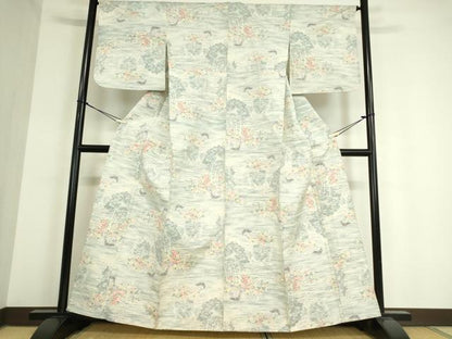 平和屋着物▽小千谷紬 単衣 花鳥文 正絹 逸品 DAAT9681az