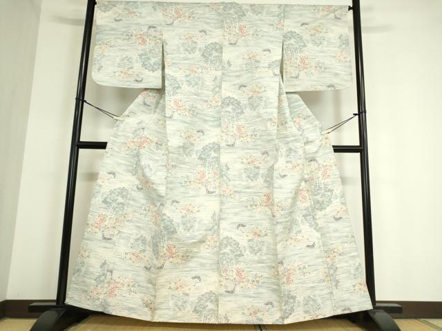 平和屋着物▽小千谷紬 単衣 花鳥文 正絹 逸品 DAAT9681az