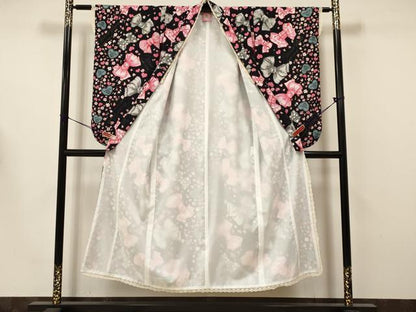 平和屋着物[]mezzo piano　メゾピアノ　女の子　十三参り　子供　襦袢セット　リボン　ハート　バラ　黒地　金彩　洗える着物　DAAS9121ma