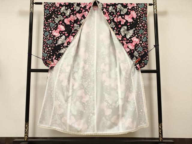 平和屋着物[]mezzo piano　メゾピアノ　女の子　十三参り　子供　襦袢セット　リボン　ハート　バラ　黒地　金彩　洗える着物　DAAS9121ma
