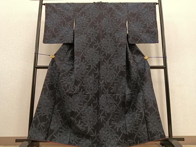 平和屋着物●上質な紬 格子花笹文 正絹 逸品 未使用 BAAU4673gt