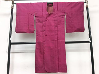 平和屋着物▽道行コート 単衣 紬地 濃紅色 ロング丈 正絹 逸品 CAAV5616id
