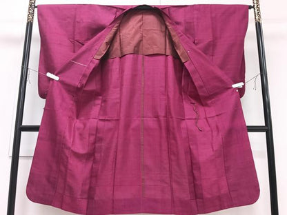 平和屋着物▽道行コート 単衣 紬地 濃紅色 ロング丈 正絹 逸品 CAAV5616id