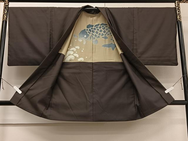 平和屋着物＃男性　長羽織　紋付き　赤墨色　正絹　逸品　CAAV5649id