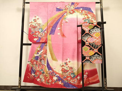 平和屋着物∵女の子 十三参り 子供 祝着・袋帯セット 折り鶴 糸巻き 鼓飛鶴花蝶文 暈し染め 金銀彩 逸品 DAAS9161ma