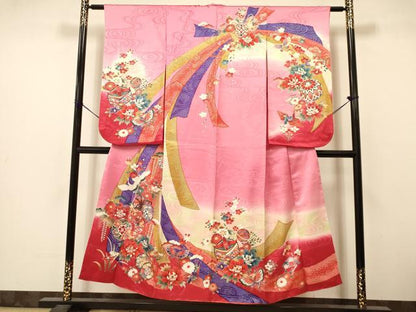 平和屋着物∵女の子 十三参り 子供 祝着・袋帯セット 折り鶴 糸巻き 鼓飛鶴花蝶文 暈し染め 金銀彩 逸品 DAAS9161ma