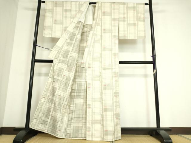 平和屋着物▽上質な紬 単衣 変わり格子 正絹 逸品 DAAT9836az