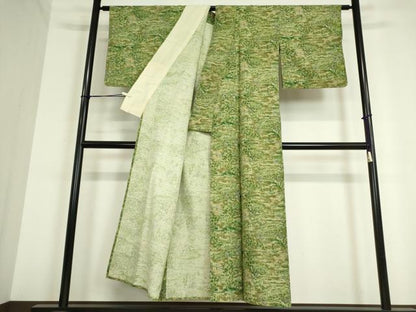 平和屋着物▽上質な小紋　紬地　単衣　水辺風景文　正絹　逸品　DAAT9854az