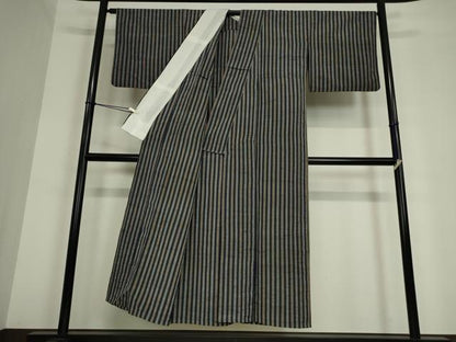 平和屋着物▽上質な紬　単衣　縞　正絹　逸品　DAAT9869az