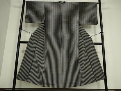 平和屋着物▽上質な紬　単衣　縞　正絹　逸品　DAAT9869az