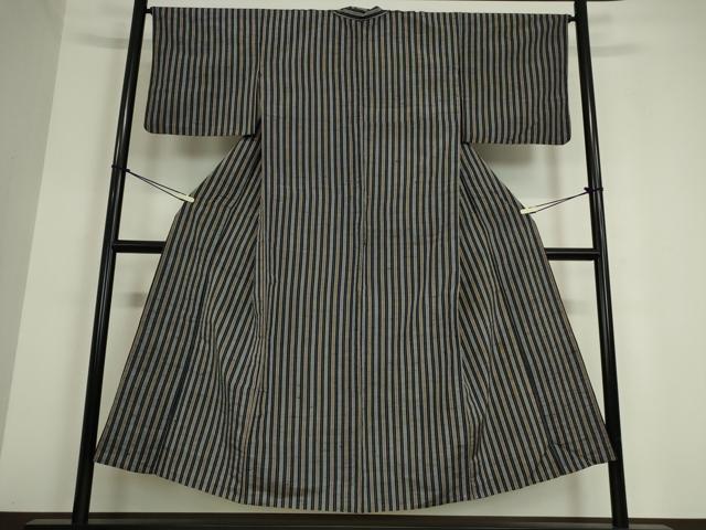 平和屋着物▽上質な紬　単衣　縞　正絹　逸品　DAAT9869az