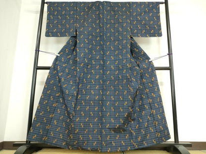 平和屋着物▽上質な紬　単衣　変わり格子　正絹　逸品　DAAT9891az