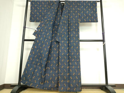 平和屋着物▽上質な紬　単衣　変わり格子　正絹　逸品　DAAT9891az