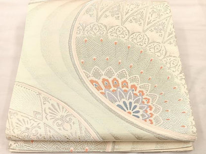平和屋着物◎六通柄袋帯　唐織　孔雀羽花文　銀糸　正絹　逸品　BAAU0719mz