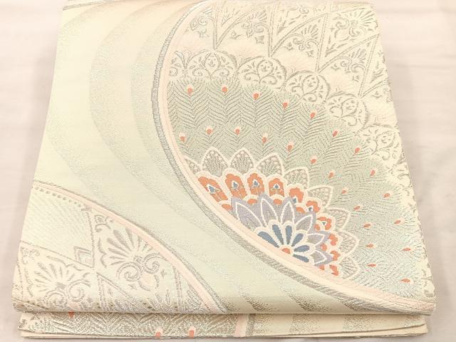 平和屋着物◎六通柄袋帯　唐織　孔雀羽花文　銀糸　正絹　逸品　BAAU0719mz
