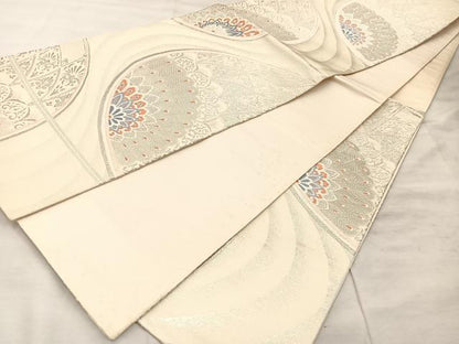 平和屋着物◎六通柄袋帯　唐織　孔雀羽花文　銀糸　正絹　逸品　BAAU0719mz