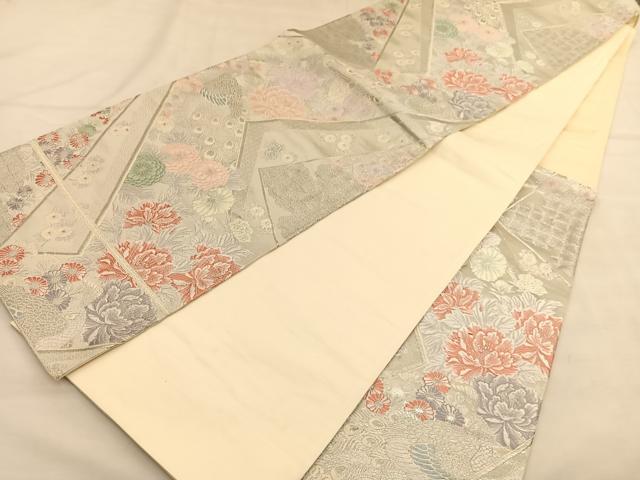 平和屋着物◎六通柄袋帯 唐織 花小袖華鳥文 銀糸 正絹 逸品 BAAU1512hv
