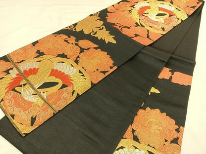 平和屋着物◎六通柄袋帯　唐織　鳳凰花蝶文　黒地　金銀糸　正絹　逸品　BAAU1585hv