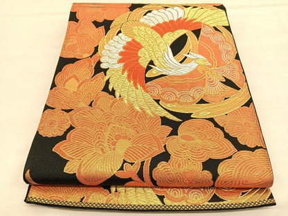 平和屋着物◎六通柄袋帯　唐織　鳳凰花蝶文　黒地　金銀糸　正絹　逸品　BAAU1585hv