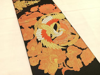 平和屋着物◎六通柄袋帯　唐織　鳳凰花蝶文　黒地　金銀糸　正絹　逸品　BAAU1585hv
