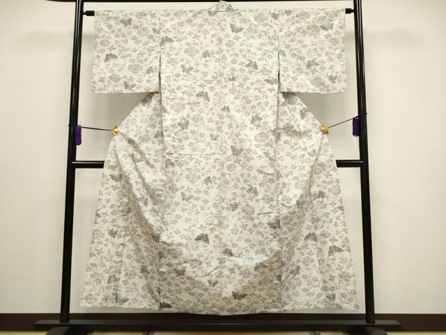 平和屋着物▽上質な紬 単衣 更紗花蝶文 正絹 逸品 CAAV3890dy