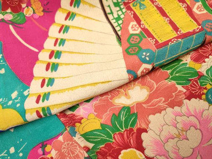 平和屋着物[]アンティーク　大正ロマン　七五三　女の子　７歳　祝着　四つ身　檜扇御所車花文　逸品　DAAS9243ma
