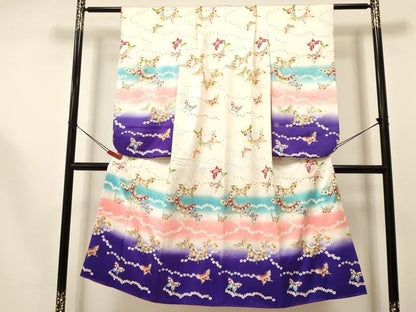 平和屋着物[]七五三　女の子　７歳　祝着　四つ身　花蝶文　暈し染め　金彩　逸品　DAAS9244ma