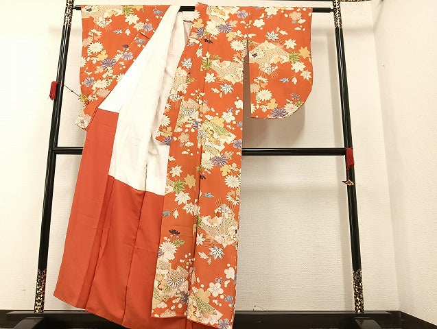平和屋着物●上質な小紋　駒刺繍　扇面草花文　正絹　逸品　AAAY5927ph