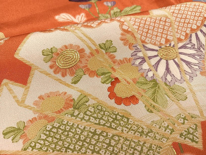 平和屋着物●上質な小紋　駒刺繍　扇面草花文　正絹　逸品　AAAY5927ph