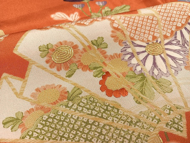 平和屋着物●上質な小紋　駒刺繍　扇面草花文　正絹　逸品　AAAY5927ph