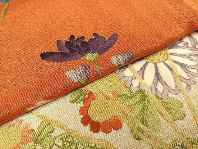 平和屋着物●上質な小紋　駒刺繍　扇面草花文　正絹　逸品　AAAY5927ph