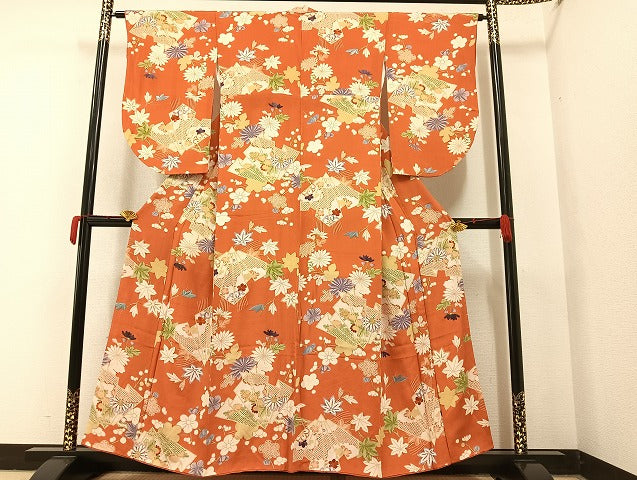 平和屋着物●上質な小紋　駒刺繍　扇面草花文　正絹　逸品　AAAY5927ph