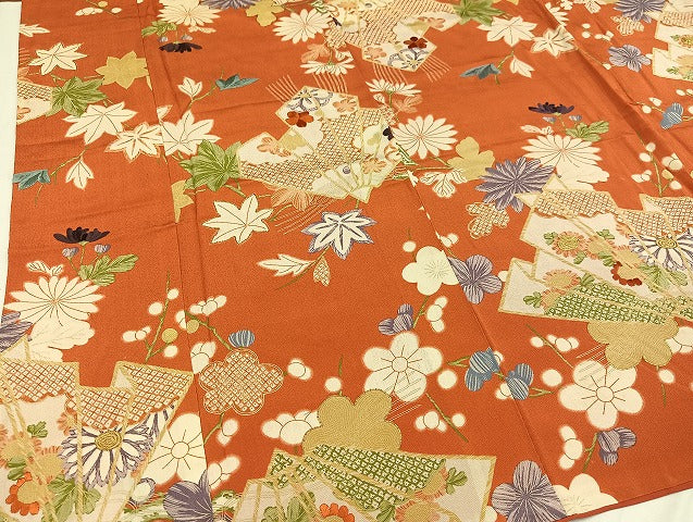 平和屋着物●上質な小紋　駒刺繍　扇面草花文　正絹　逸品　AAAY5927ph