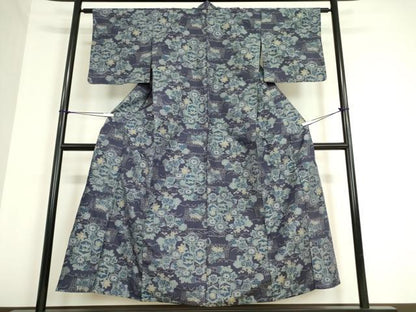 平和屋着物▽上質な紬　単衣　亀甲花文　正絹　逸品　DAAV5048az