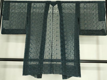 平和屋着物▽長羽織　オーガンジー　スリーシーズン　春夏秋　塵除け　丸文　紺色　正絹　逸品　DAAV5060az