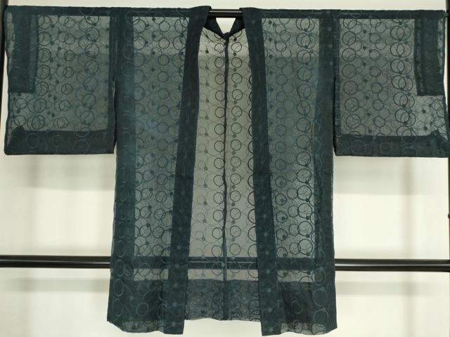 平和屋着物▽長羽織　オーガンジー　スリーシーズン　春夏秋　塵除け　丸文　紺色　正絹　逸品　DAAV5060az