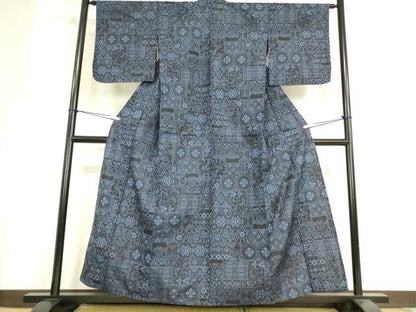 平和屋着物▽上質な紬 単衣 幾何学花文 正絹 逸品 未使用 DAAV5039az