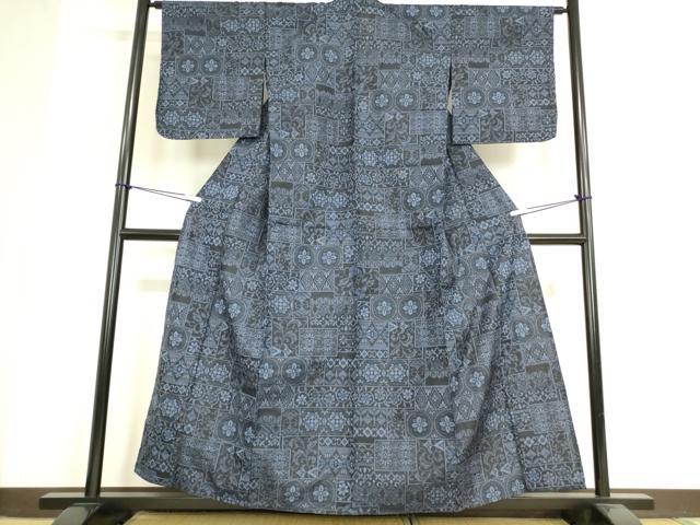 平和屋着物▽上質な紬 単衣 幾何学花文 正絹 逸品 未使用 DAAV5039az
