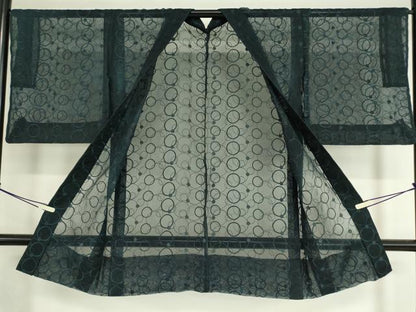 平和屋着物▽長羽織　オーガンジー　スリーシーズン　春夏秋　塵除け　丸文　紺色　正絹　逸品　DAAV5060az