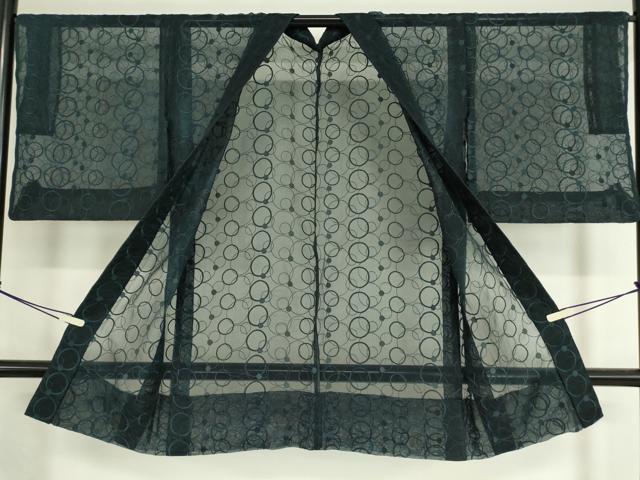 平和屋着物▽長羽織　オーガンジー　スリーシーズン　春夏秋　塵除け　丸文　紺色　正絹　逸品　DAAV5060az