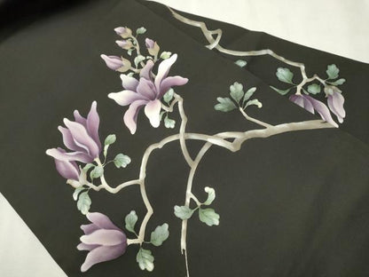 平和屋着物●塩瀬 九寸名古屋帯 手描き 枝花文 黒地 正絹 逸品 CAAV7151hy