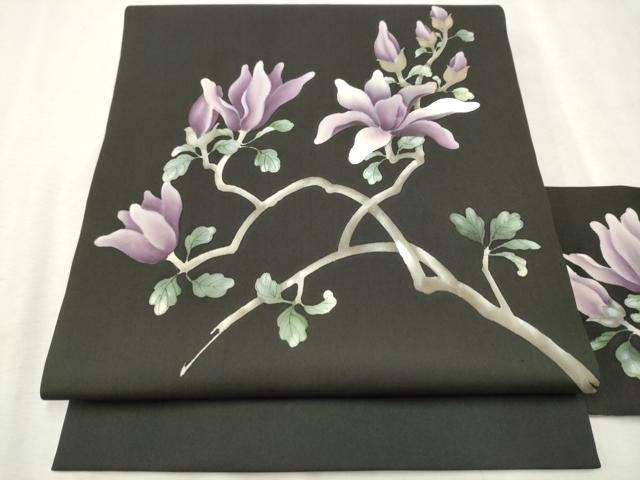 平和屋着物●塩瀬 九寸名古屋帯 手描き 枝花文 黒地 正絹 逸品 CAAV7151hy