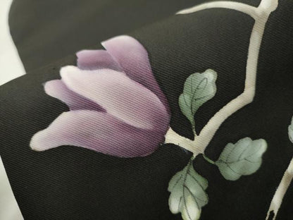 平和屋着物●塩瀬 九寸名古屋帯 手描き 枝花文 黒地 正絹 逸品 CAAV7151hy